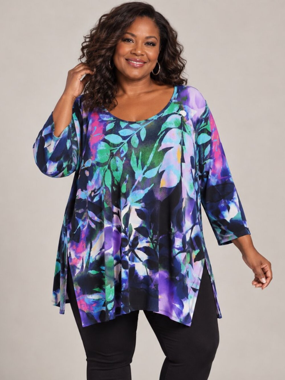 Clara Sun Woo Multicolor Abstract Floral Blouse Sz 1X Scoop Neck Side Slits Art